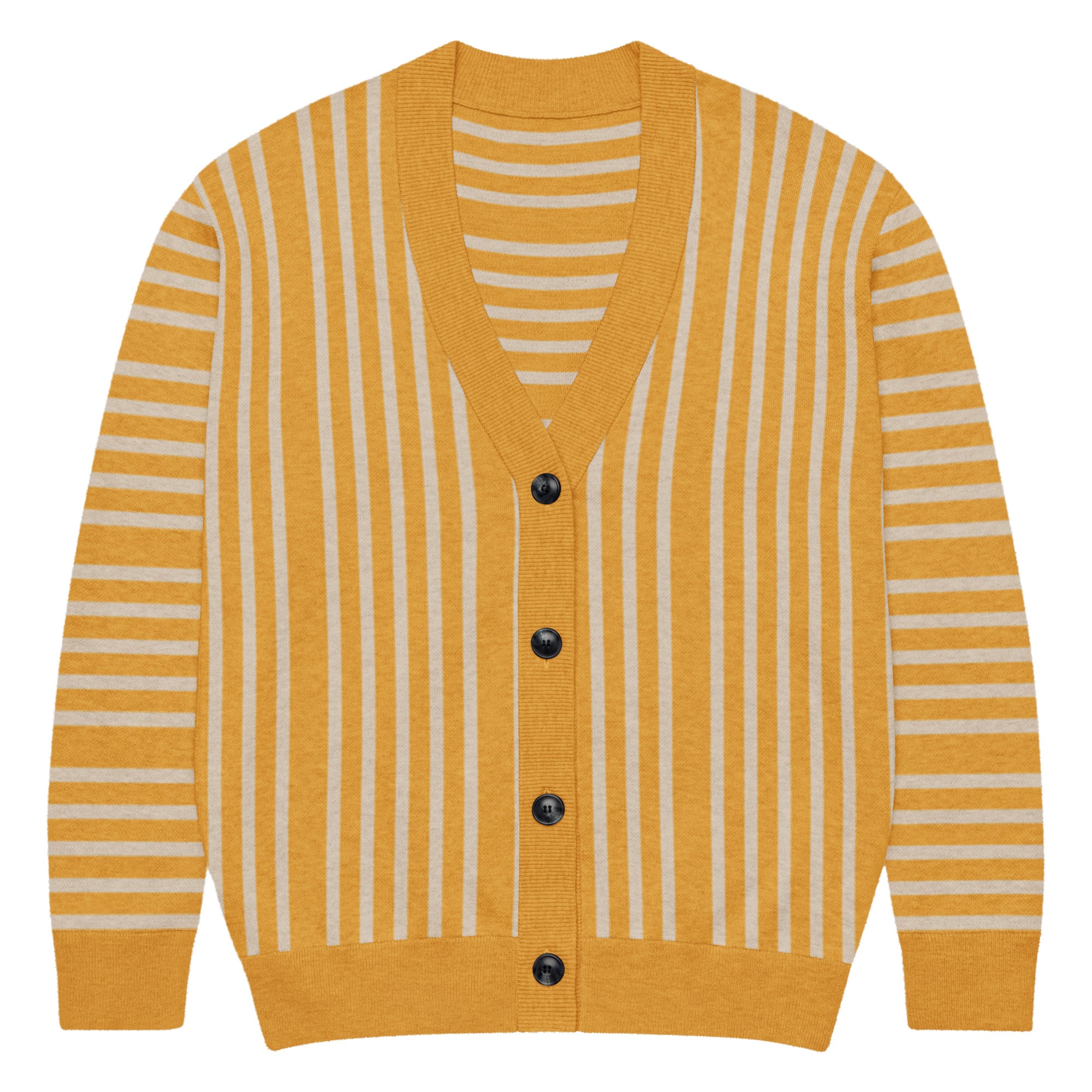 Mustard Striped Women's Knitted Cardigan Cardigan by Carl & Lyn front with buttons closed
