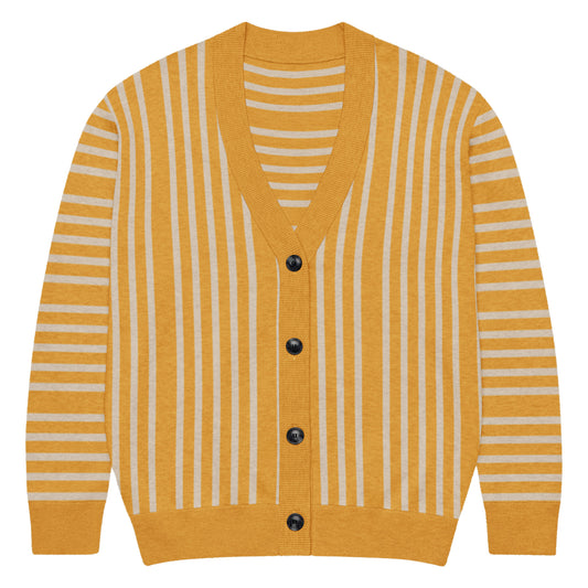 Mustard Striped Women's Knitted Cardigan Cardigan by Carl & Lyn front with buttons closed
