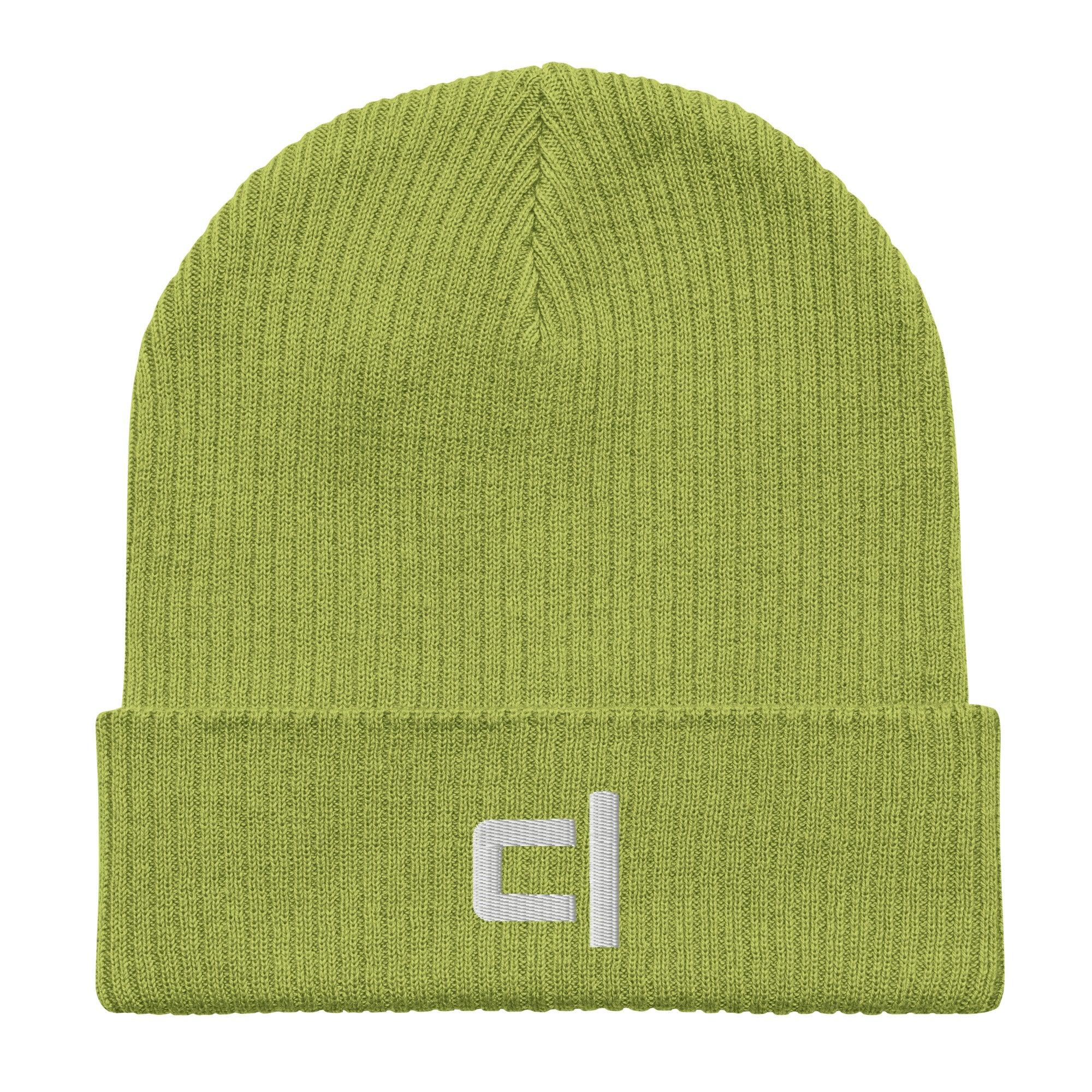 Lime C&L Signature Organic Ribbed Beanie Beanie by Carl & Lyn lime front flattened view with embroidered Carl & Lyn logo in white