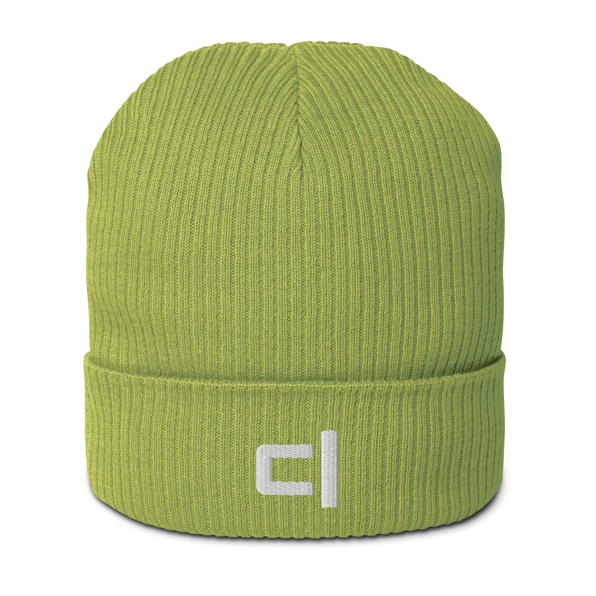 C&L Signature Organic Ribbed Beanie Beanie by Carl & Lyn lime front view with embroidered Carl & Lyn logo in white