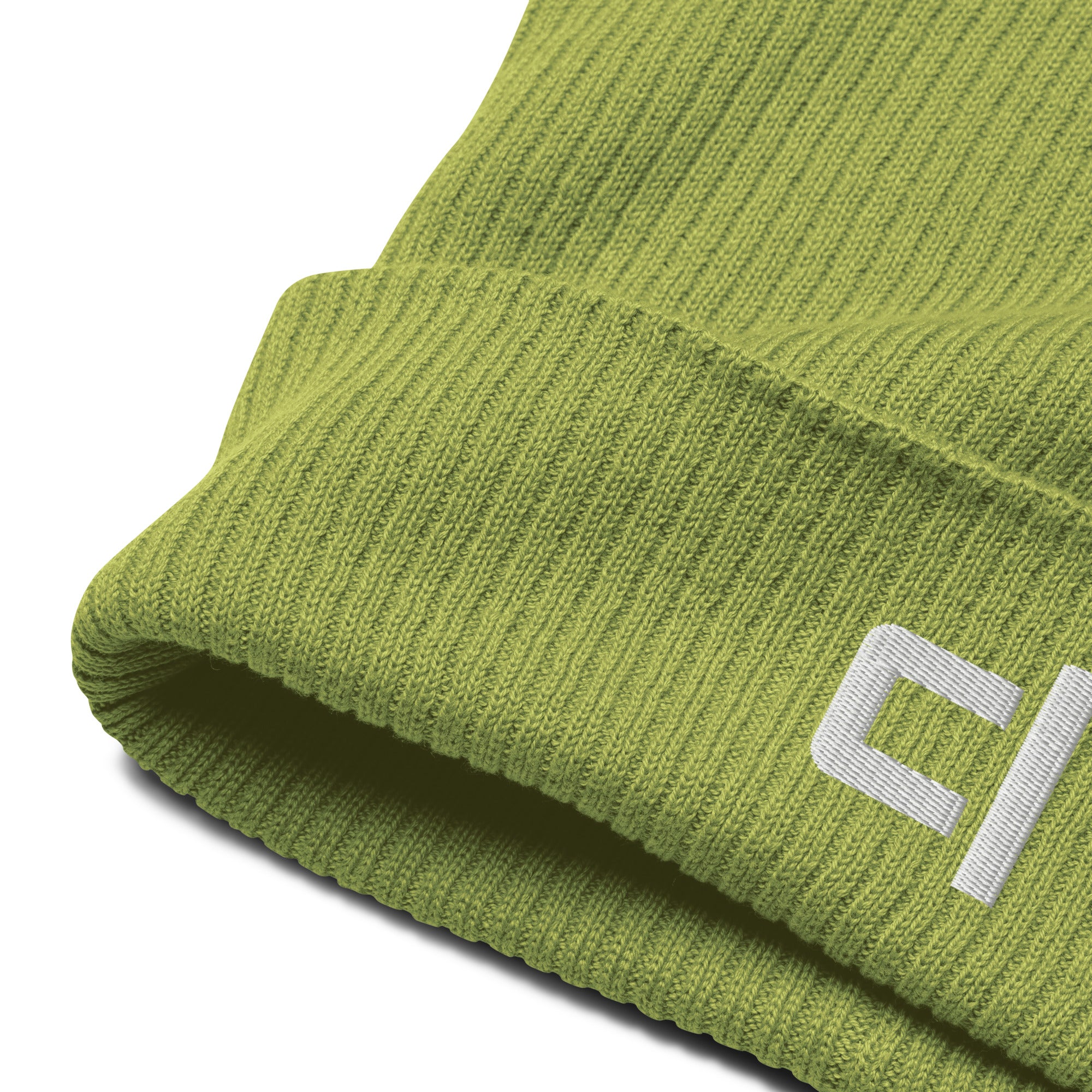 C&L Signature Organic Ribbed Beanie Beanie by Carl & Lyn lime zoomed in fabric detail of front right cuff of beanie including embroidered white brand logo 