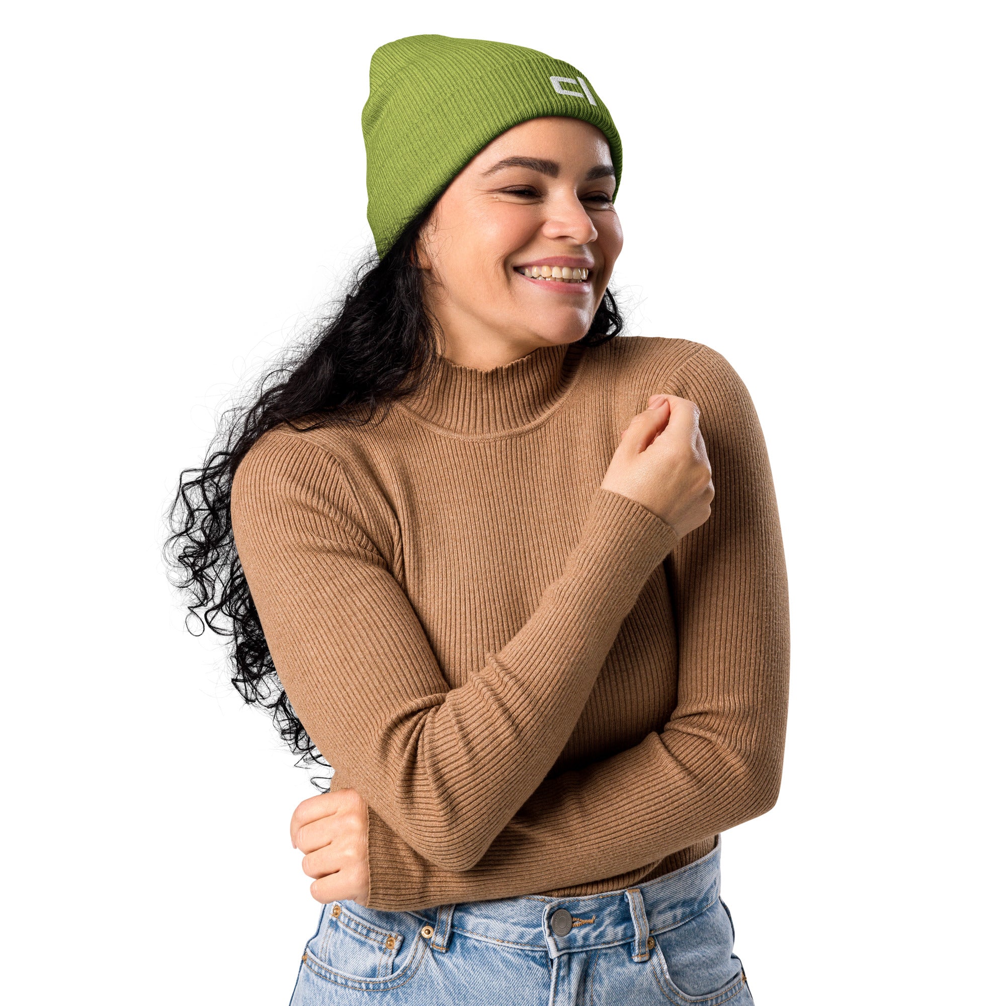C&L Signature Organic Ribbed Beanie Beanie by Carl & Lyn lime front right view with embroidered Carl & Lyn logo in white and person wearing long sleeve top and jeans with arms crossed smiling