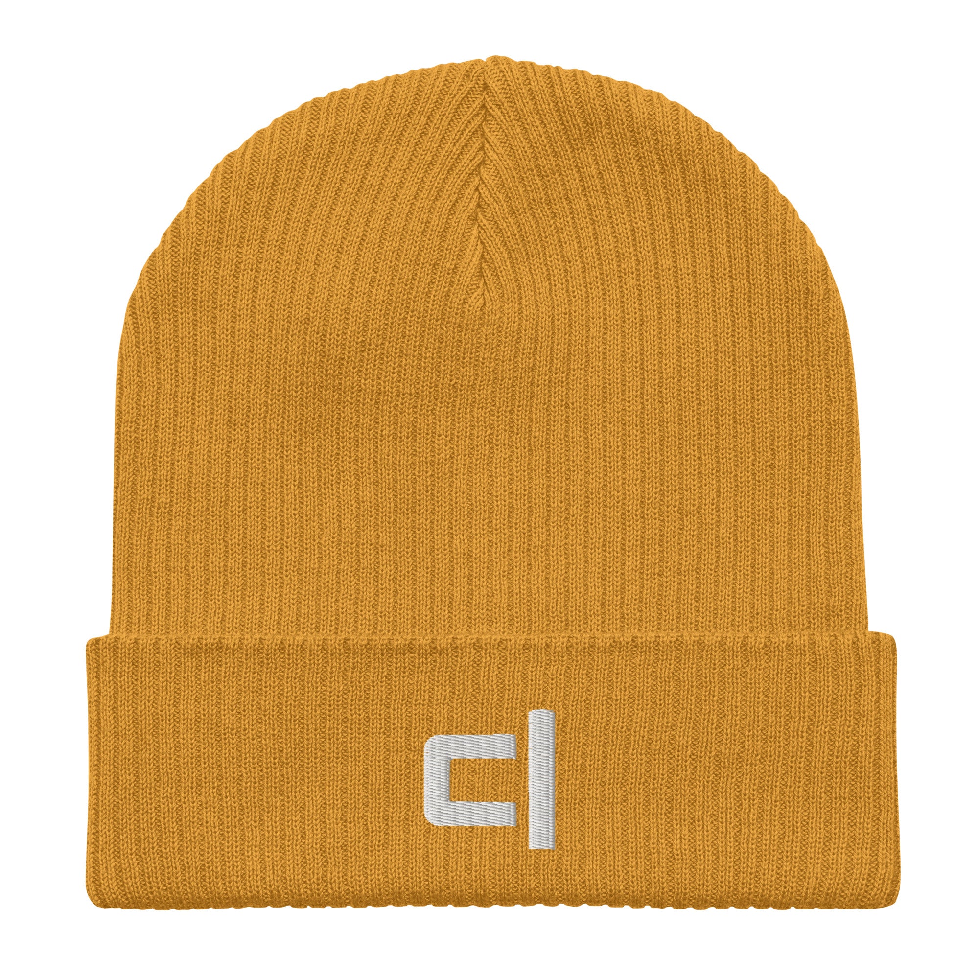 Mustard C&L Signature Organic Ribbed Beanie Beanie by Carl & Lyn mustard front flattened view with embroidered Carl & Lyn logo in white