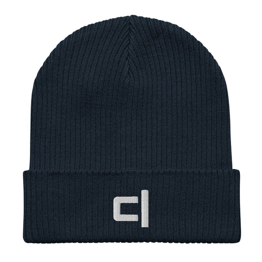 C&L Signature Organic Ribbed Beanie Beanie by Carl & Lyn deep navy front flattened view with embroidered Carl & Lyn logo in white