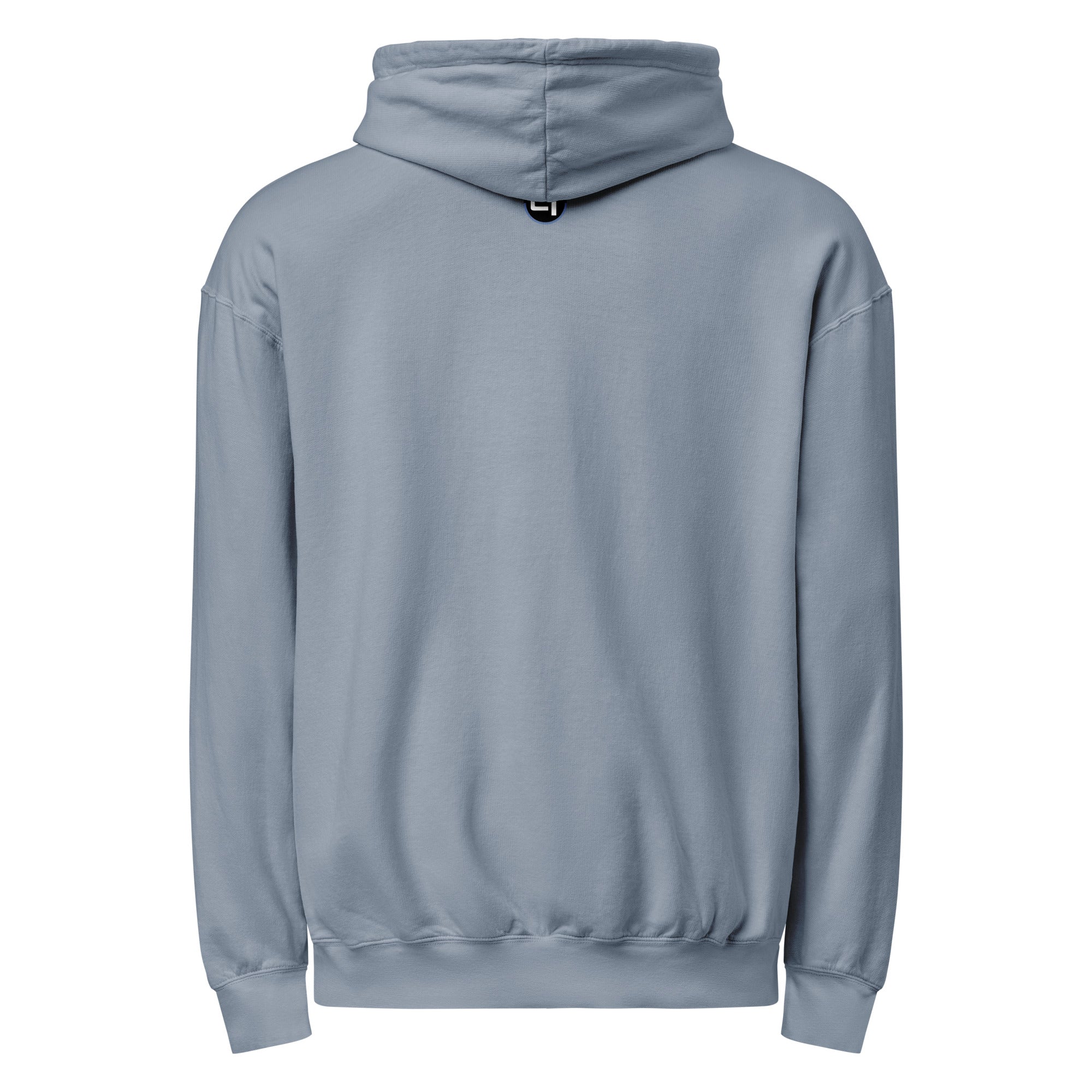 Back of Denim Blue hoodie with graphic design logo peeking under hood