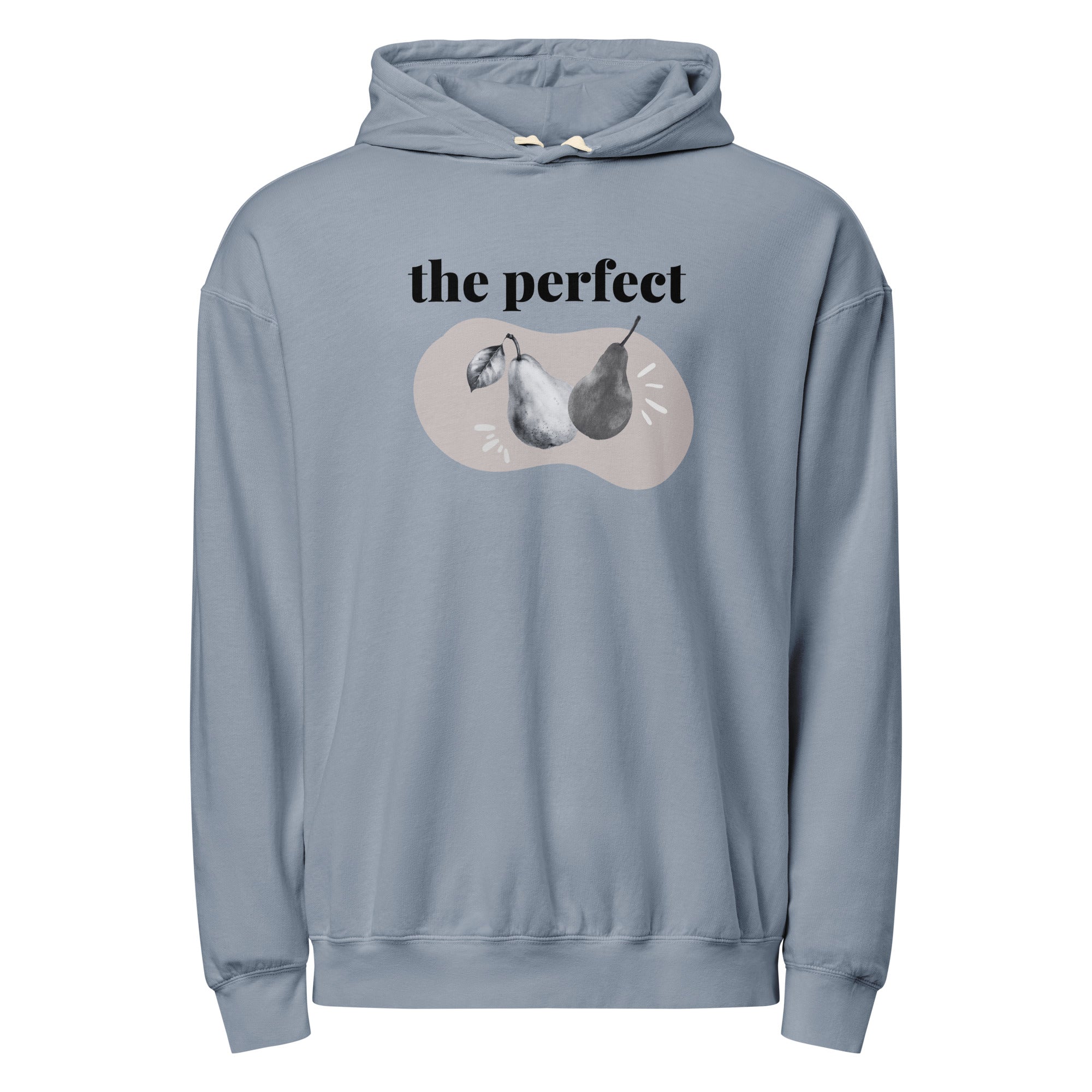 Front of Denim Blue hoodie with graphic design and text 