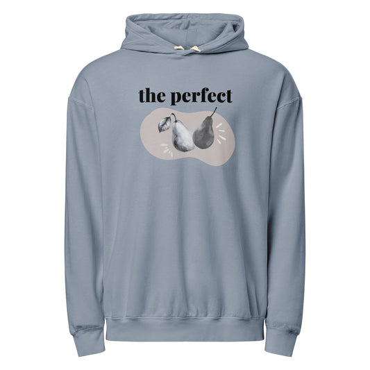 Front of Denim Blue hoodie with graphic design and text 