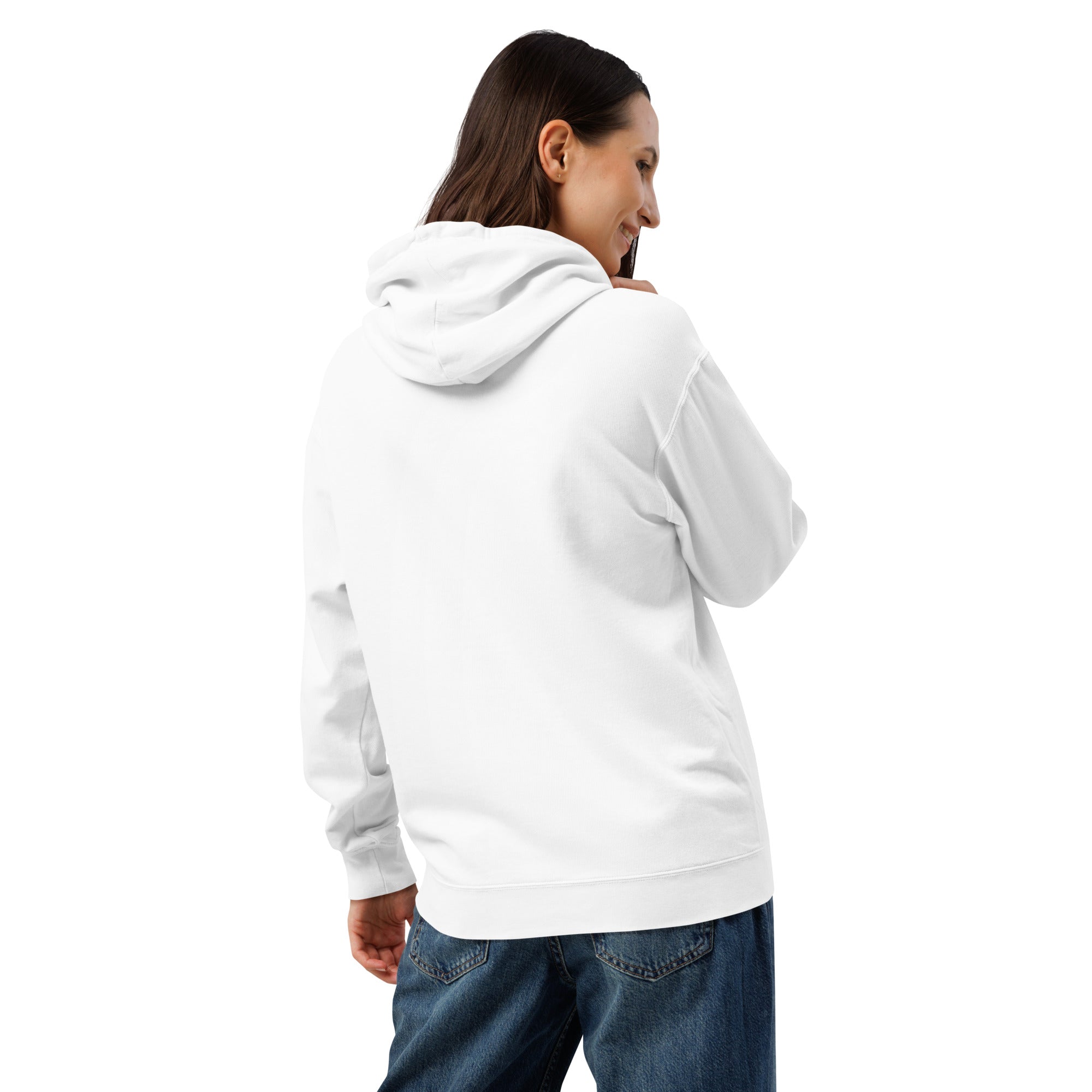 Back of woman wearing a white hoodie leaning right and looking right smiling
