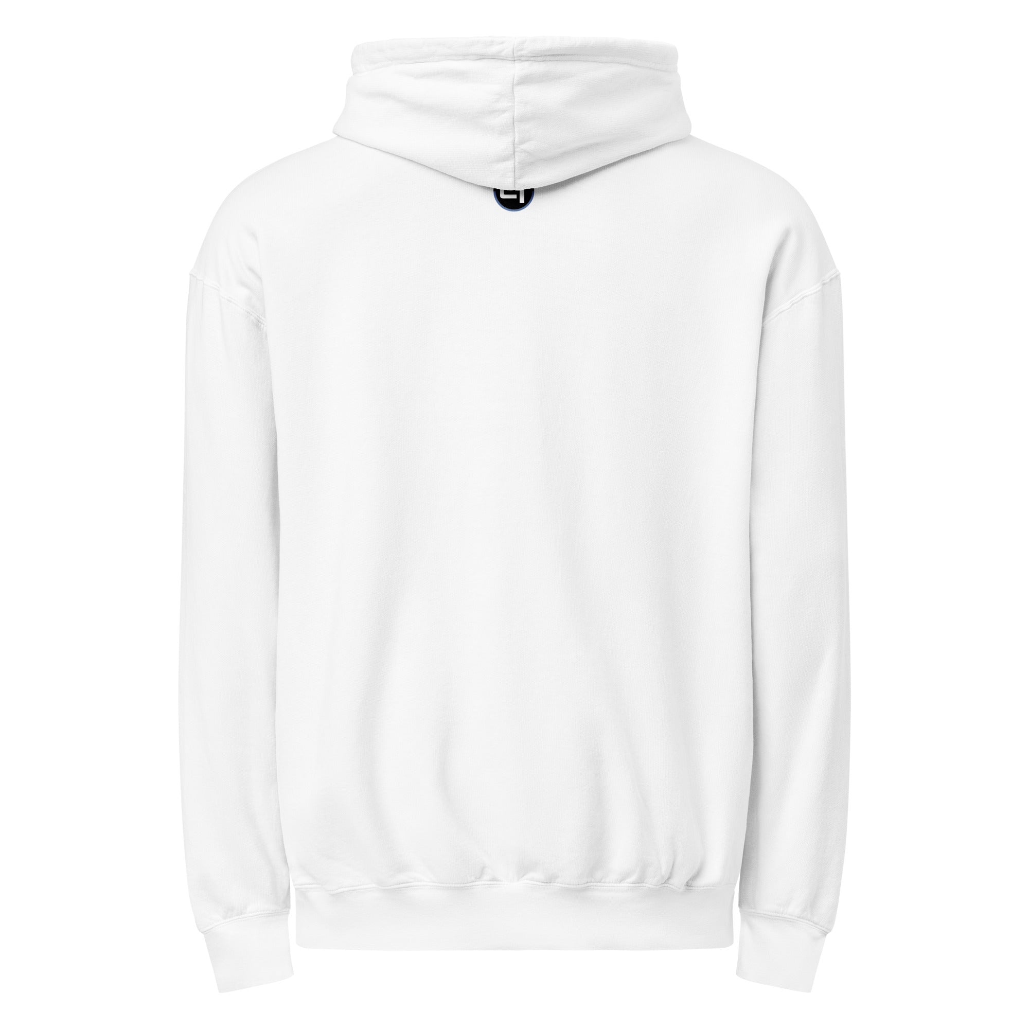 Back of White hoodie with graphic design logo peeking under hood