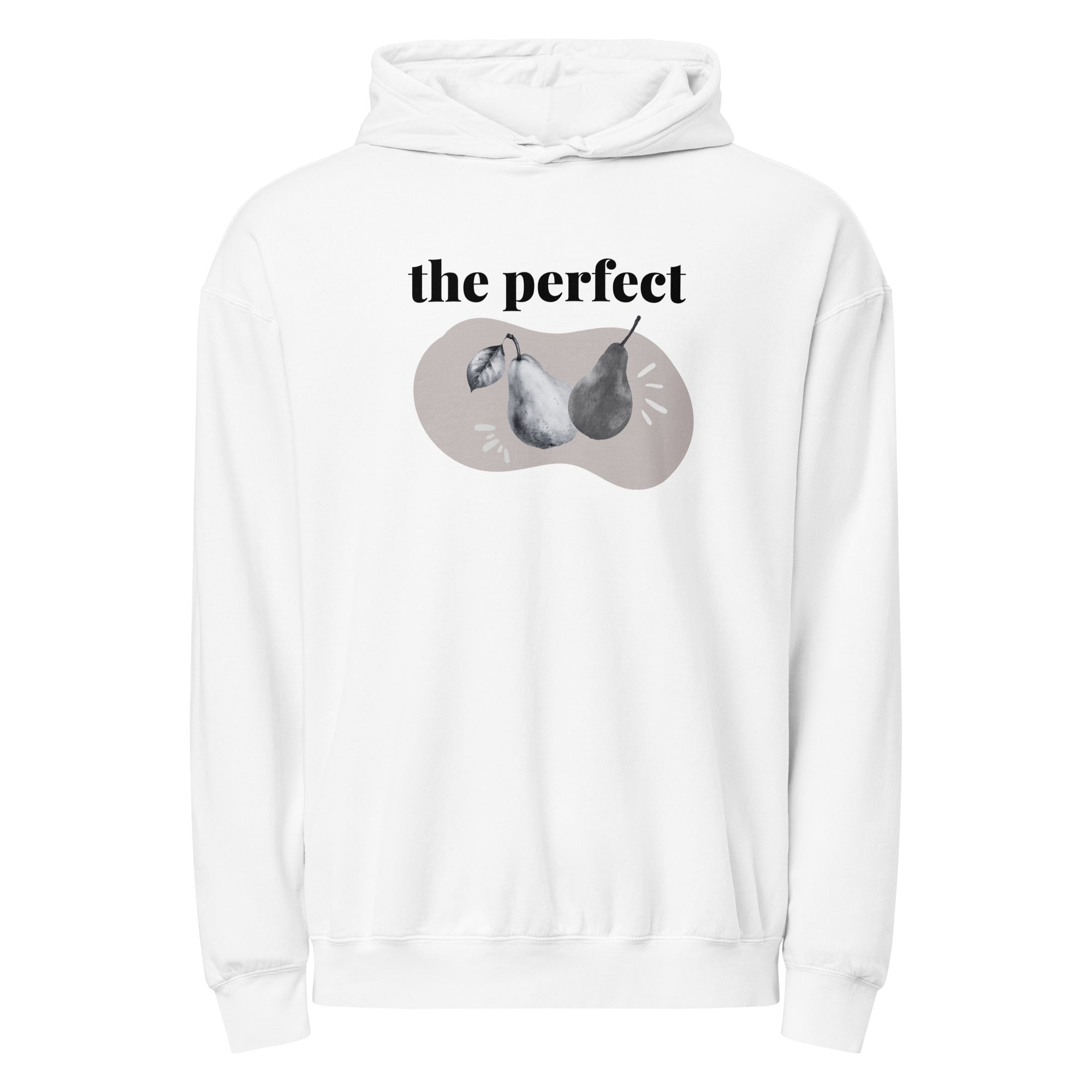 Front of white hoodie with graphic design and text 