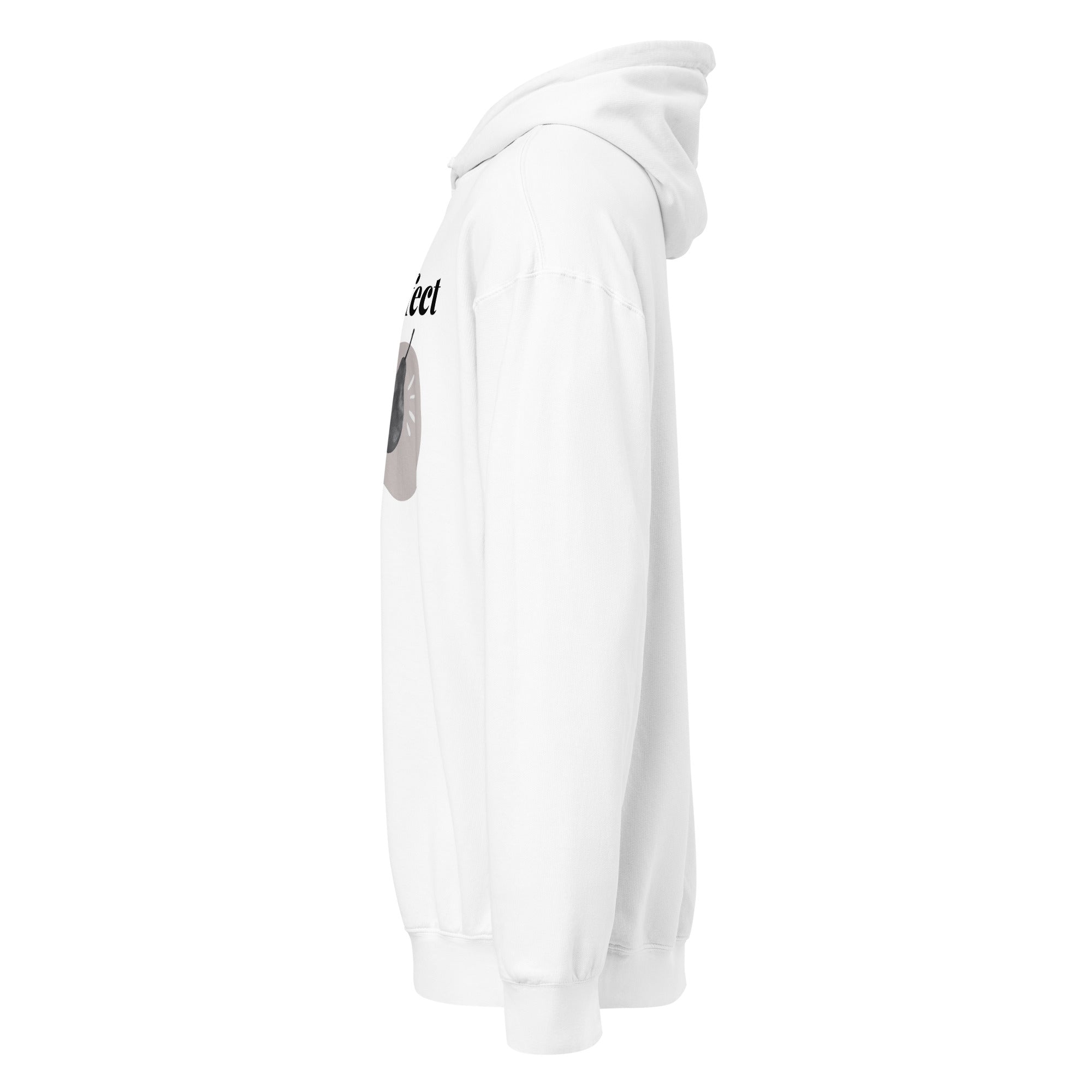 Left side of white hoodie with a graphic design on the chest 