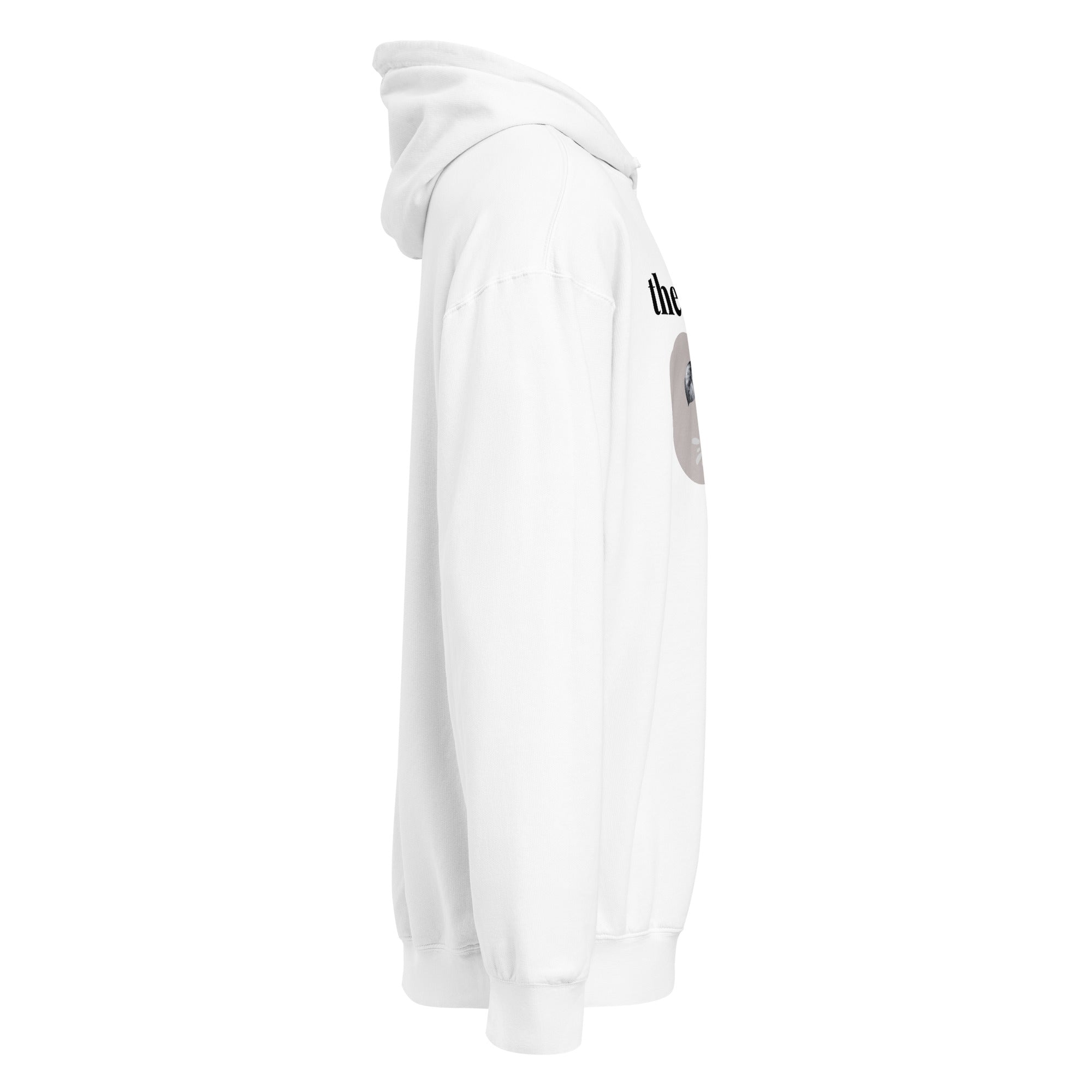 Right side of white hoodie with a graphic design on the chest 