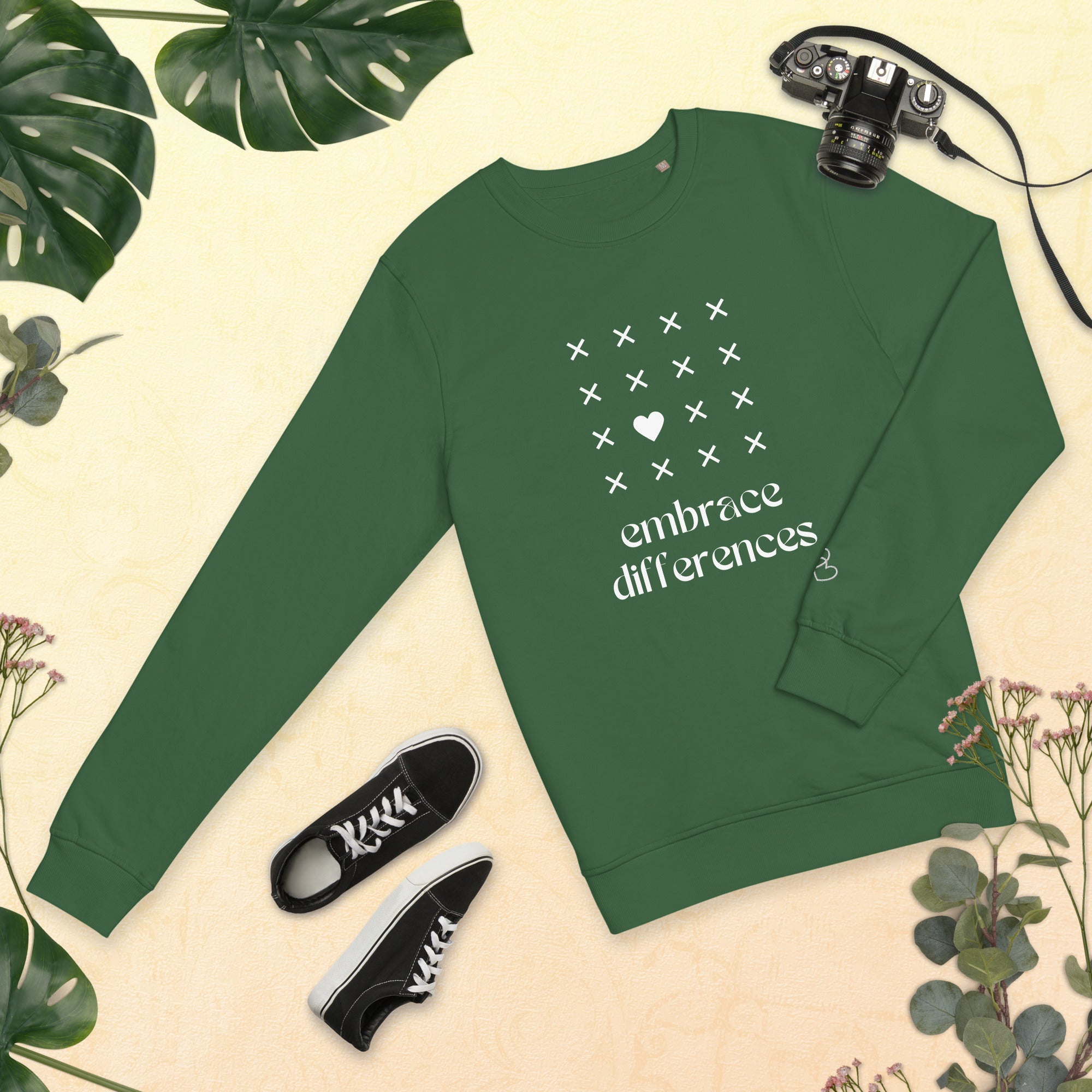 Bottle Green Embrace differences - Eco Sweatshirt Sweatshirt by Carl & Lyn bottle green front flat view with greenery border