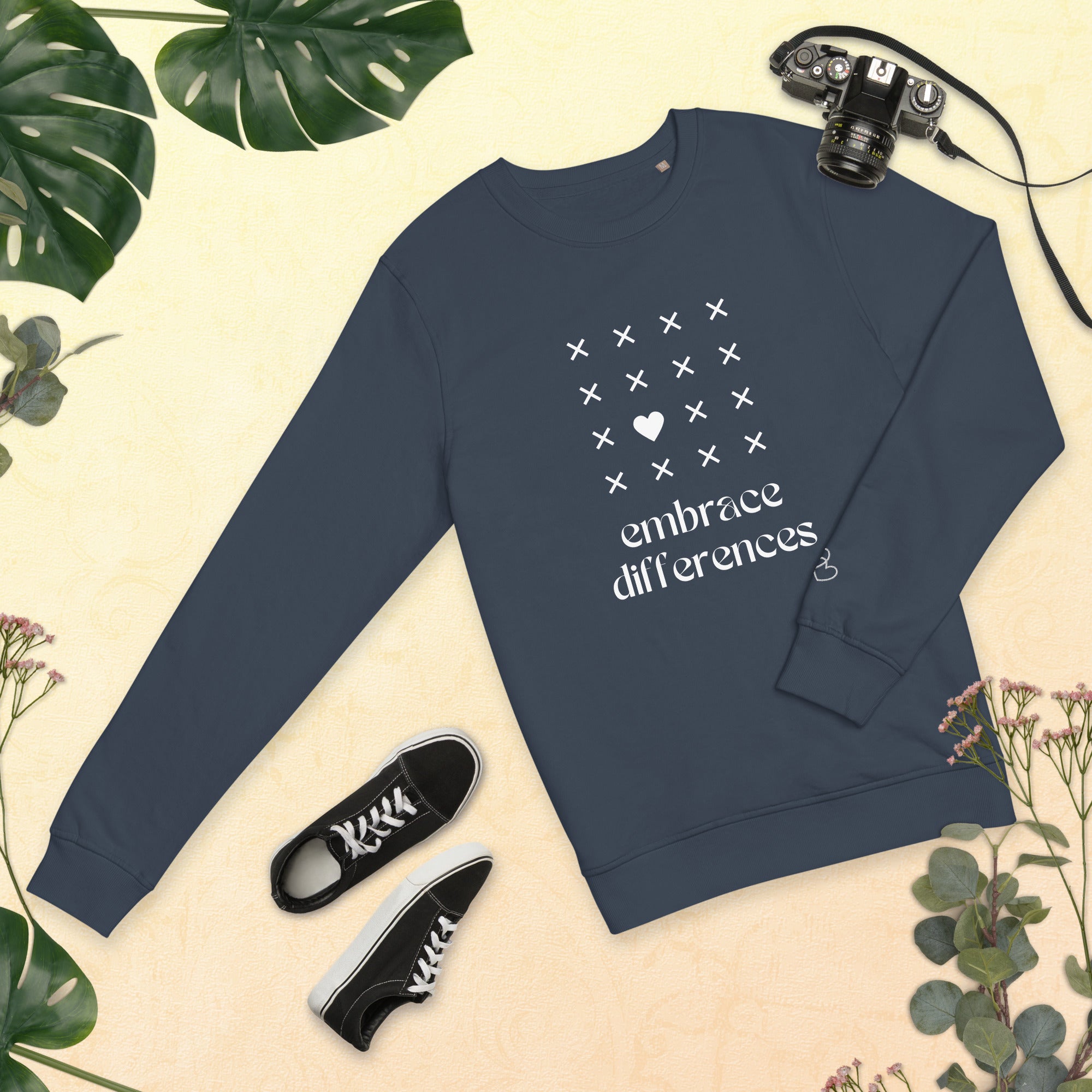 Embrace differences - Eco Sweatshirt Sweatshirt by Carl & Lyn french navy front flat view with greenery border